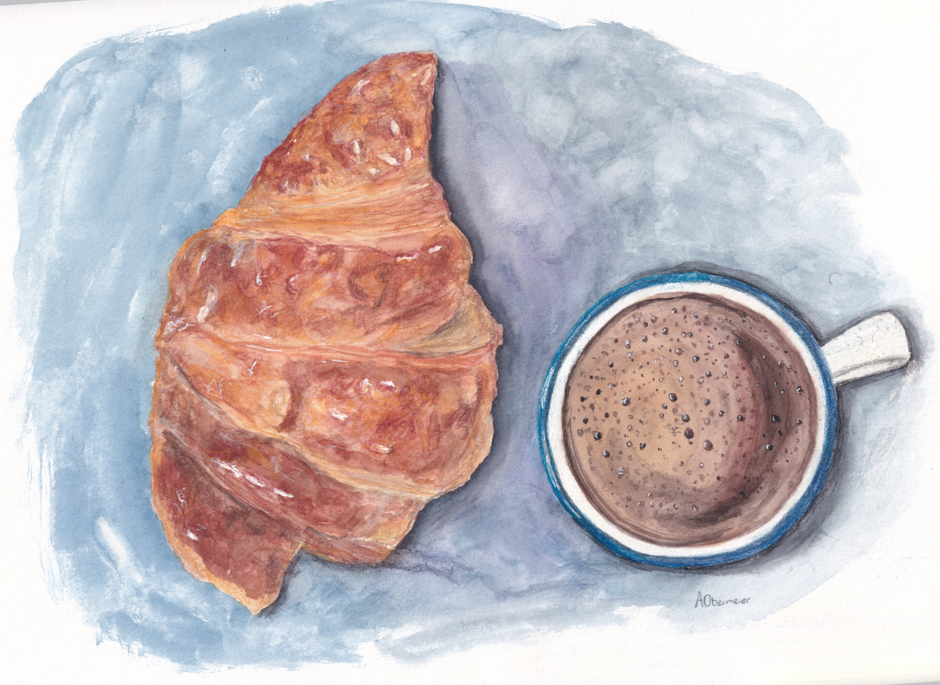 Malerei frühstuck croissant cafe kaffee im tasse espresso Bakerei Lebensmittel Essen Kunst aquarell Kunst Rems Murr Kreis Sulzbach an der Murr Alice Obermeier
